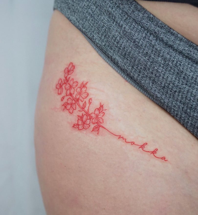 Red Chrysanthemum Thigh Tattoo