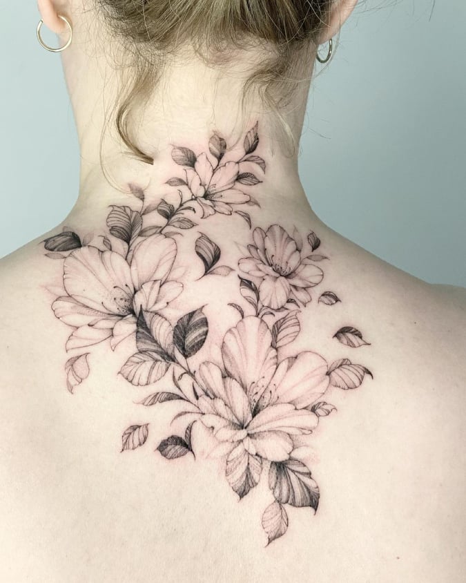 Single needle rose on the back of the neck.