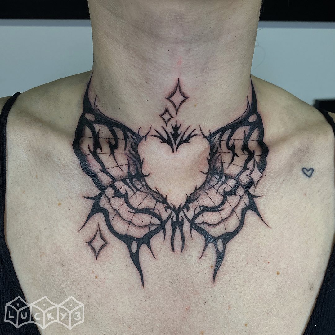 Heart Wings Throat Tattoo