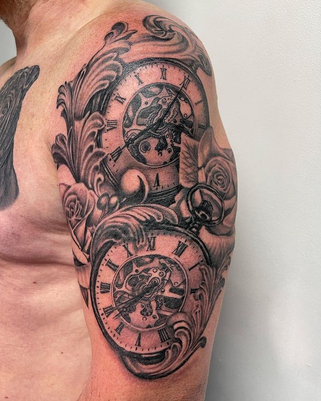 Clock And Skull Tattoo On Neck